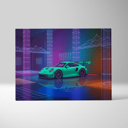 Porsche 911 GT3 RS Inspired Green Purple Canvas Wall Art Vaporwave Neon City Car Artwork, Cyberpunk Garage Decor