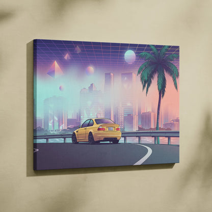 BMW M3 E46 Inspired Yellow Purple Canvas Wall Art Vaporwave Sports Car Artwork Neon City Skyline Garage Decor Retro Futuristic Palm Print