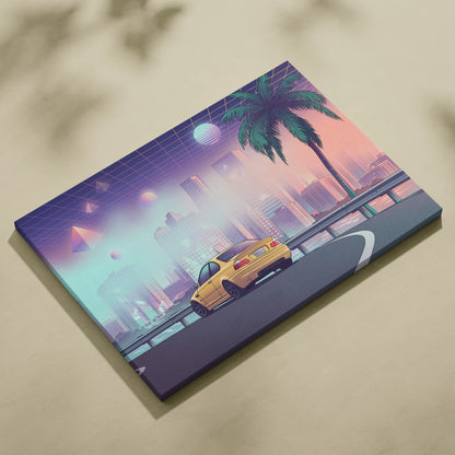BMW M3 E46 Inspired Yellow Purple Canvas Wall Art Vaporwave Sports Car Artwork Neon City Skyline Garage Decor Retro Futuristic Palm Print