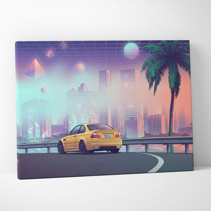 BMW M3 E46 Inspired Yellow Purple Canvas Wall Art Vaporwave Sports Car Artwork Neon City Skyline Garage Decor Retro Futuristic Palm Print