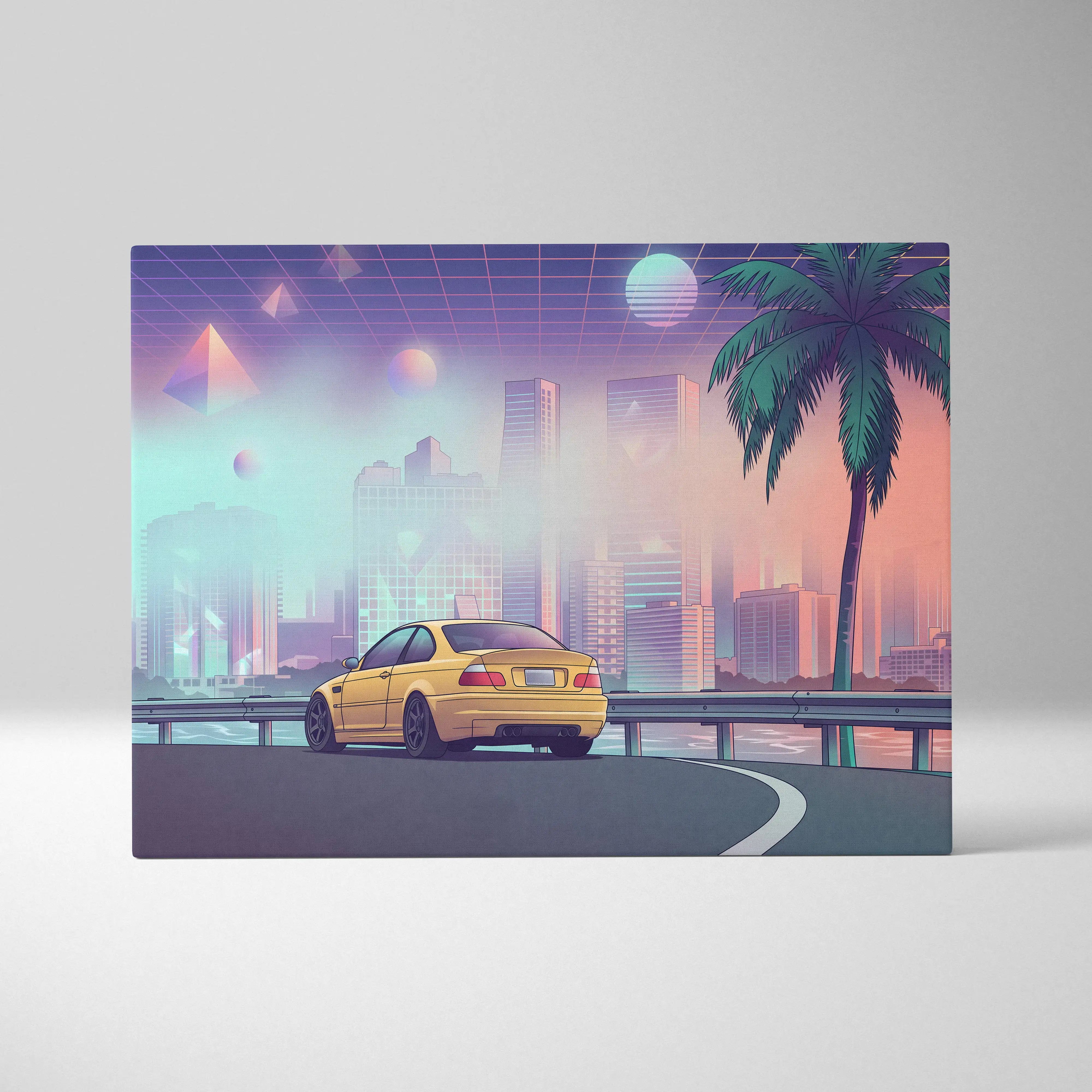 BMW M3 E46 Inspired Yellow Purple Canvas Wall Art Vaporwave Sports Car Artwork Neon City Skyline Garage Decor Retro Futuristic Palm Print