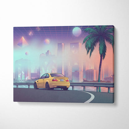 BMW M3 E46 Inspired Yellow Purple Canvas Wall Art Vaporwave Sports Car Artwork Neon City Skyline Garage Decor Retro Futuristic Palm Print
