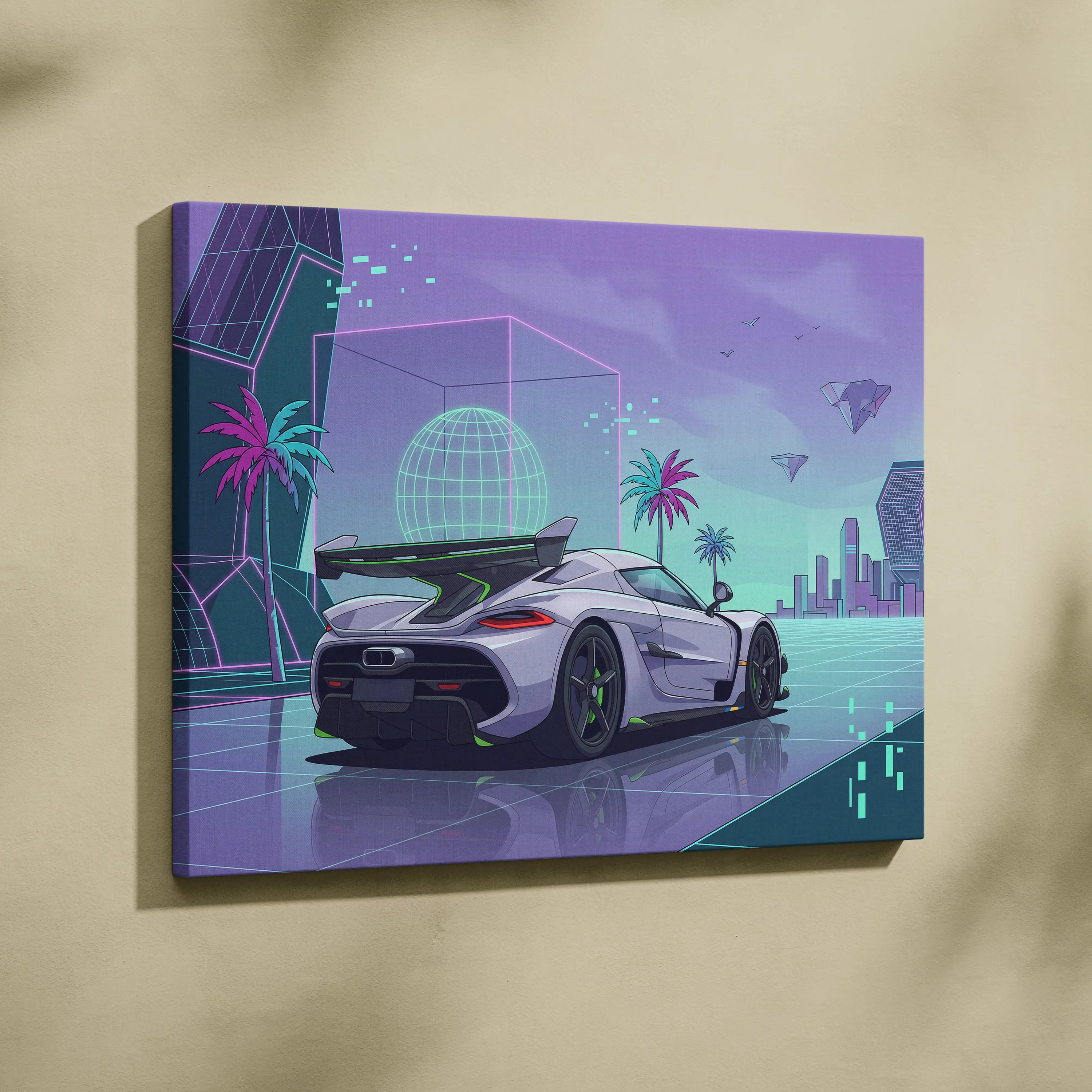 Koenigsegg Jesko Inspired White Purple Canvas Wall Art, Vaporwave Hypercar Artwork, Neon City Garage Decor, Retro Futuristic Exotic Print