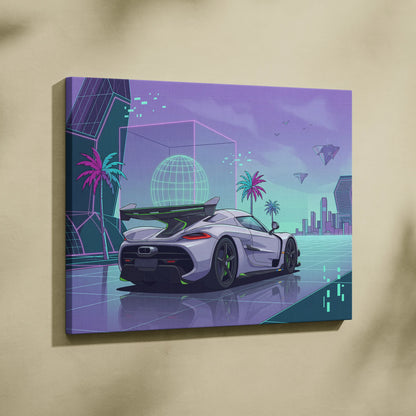 Koenigsegg Jesko Inspired White Purple Canvas Wall Art, Vaporwave Hypercar Artwork, Neon City Garage Decor, Retro Futuristic Exotic Print