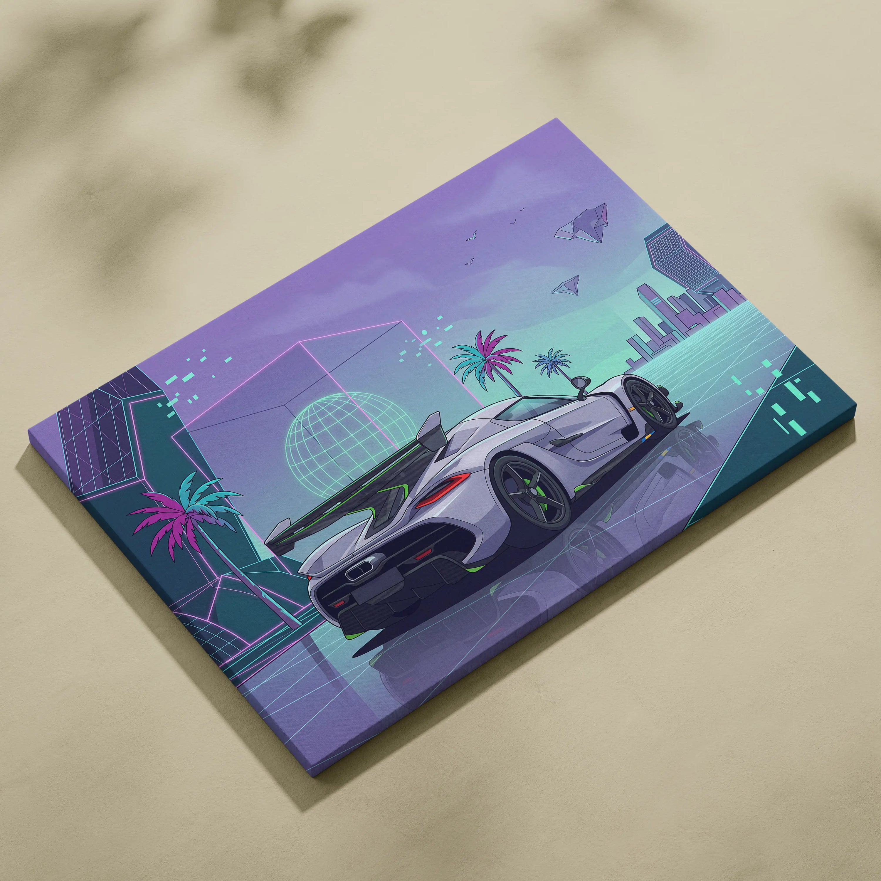 Koenigsegg Jesko Inspired White Purple Canvas Wall Art, Vaporwave Hypercar Artwork, Neon City Garage Decor, Retro Futuristic Exotic Print
