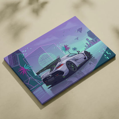 Koenigsegg Jesko Inspired White Purple Canvas Wall Art, Vaporwave Hypercar Artwork, Neon City Garage Decor, Retro Futuristic Exotic Print