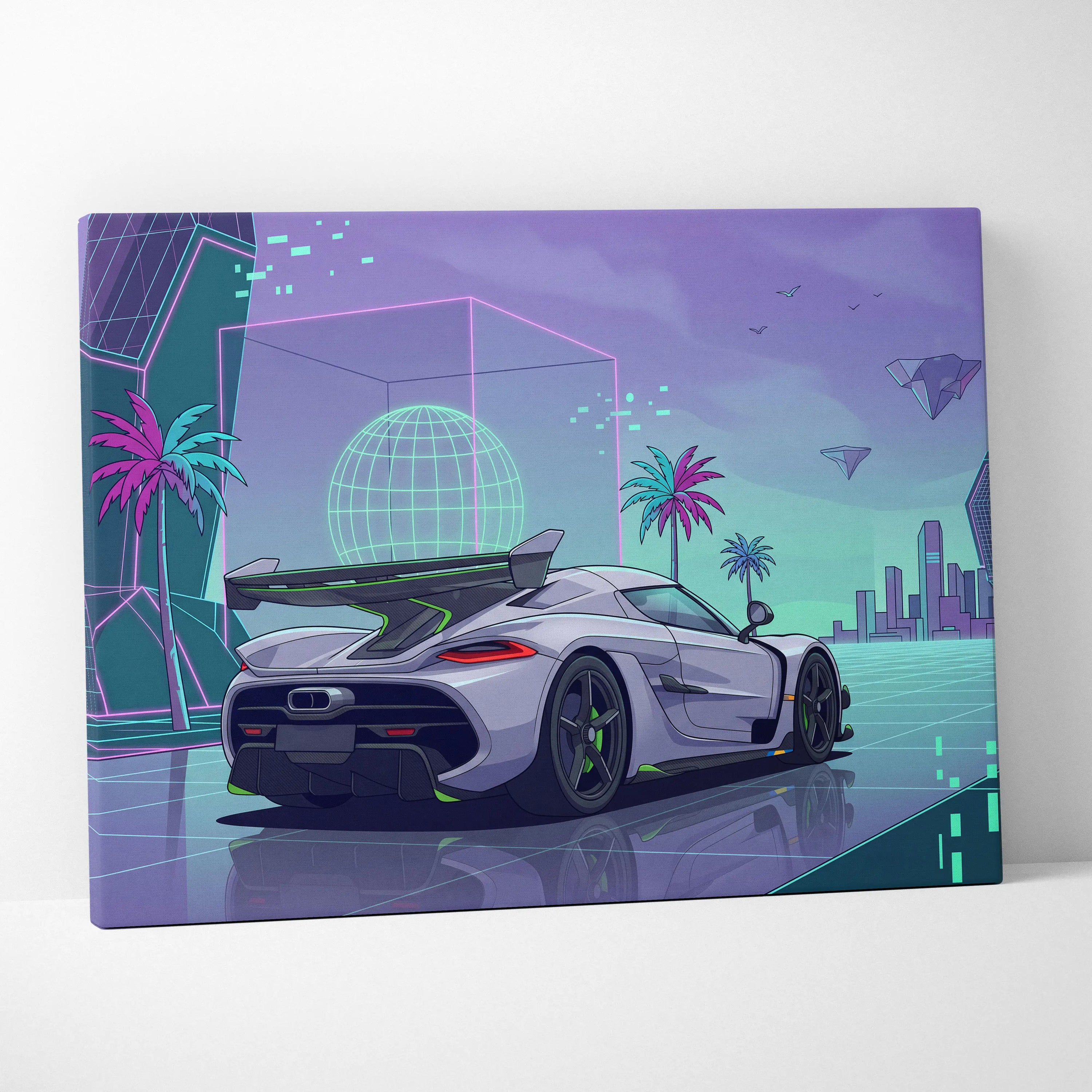 Koenigsegg Jesko Inspired White Purple Canvas Wall Art, Vaporwave Hypercar Artwork, Neon City Garage Decor, Retro Futuristic Exotic Print