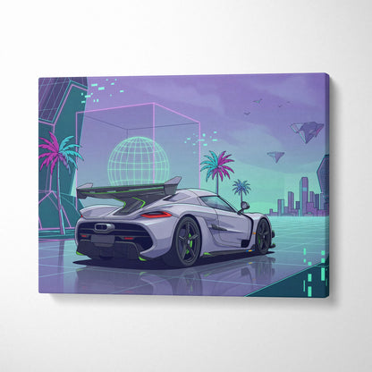Koenigsegg Jesko Inspired White Purple Canvas Wall Art, Vaporwave Hypercar Artwork, Neon City Garage Decor, Retro Futuristic Exotic Print
