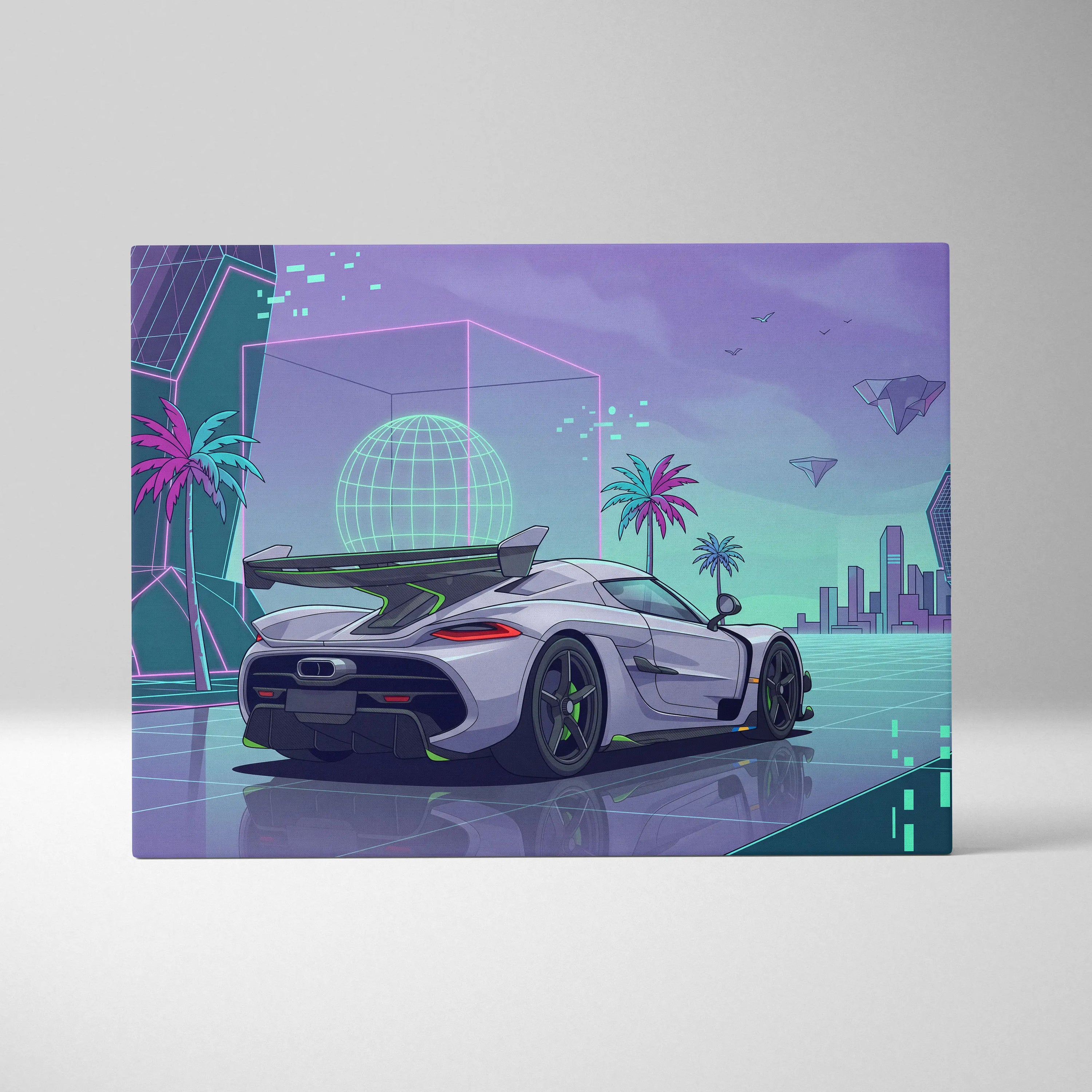 Koenigsegg Jesko Inspired White Purple Canvas Wall Art, Vaporwave Hypercar Artwork, Neon City Garage Decor, Retro Futuristic Exotic Print