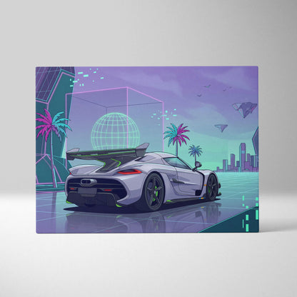 Koenigsegg Jesko Inspired White Purple Canvas Wall Art, Vaporwave Hypercar Artwork, Neon City Garage Decor, Retro Futuristic Exotic Print