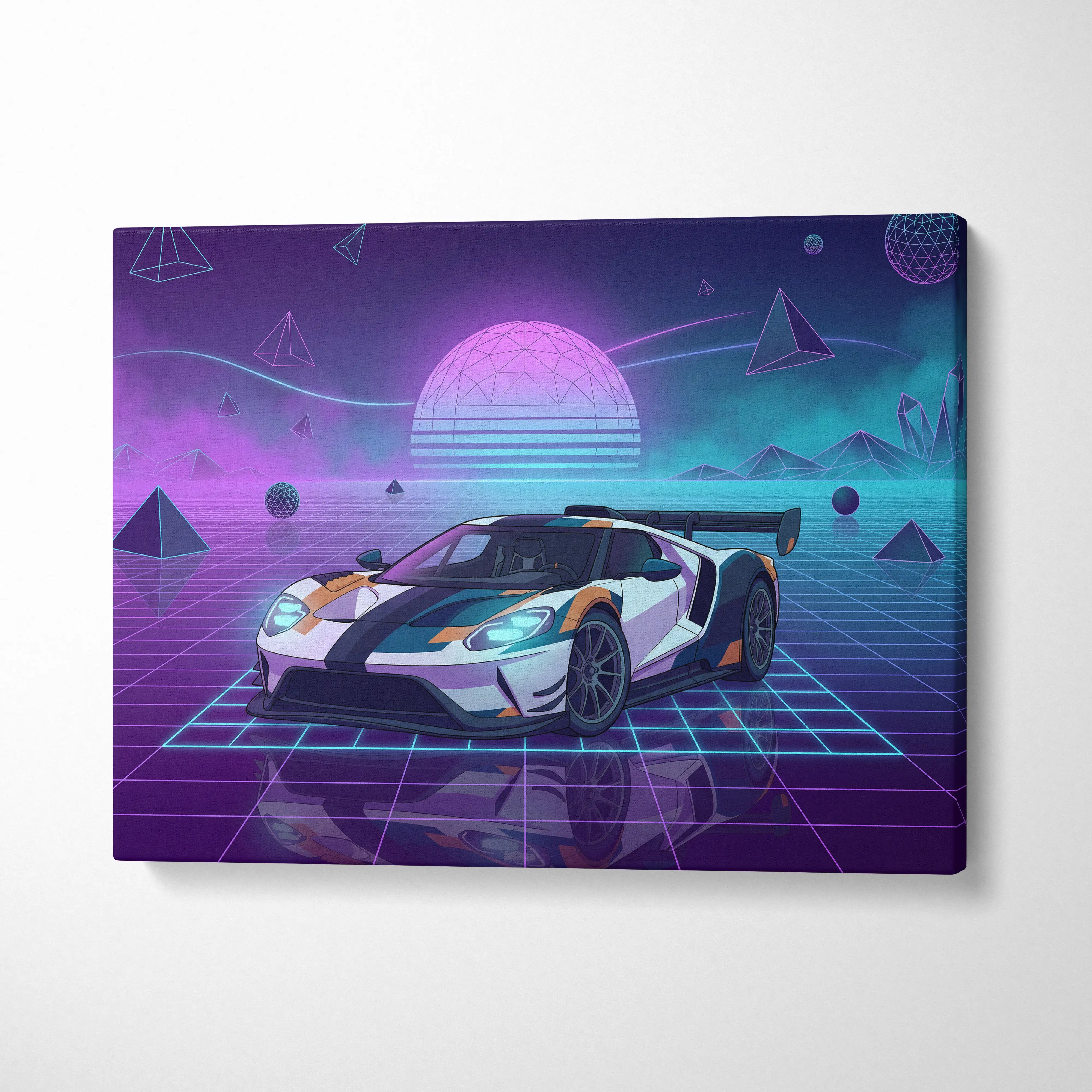 Ford GT Inspired White Orange Canvas Wall Art Vaporwave Race Car Artwork Neon Grid Garage Decor Retro Futuristic Motorsport Print