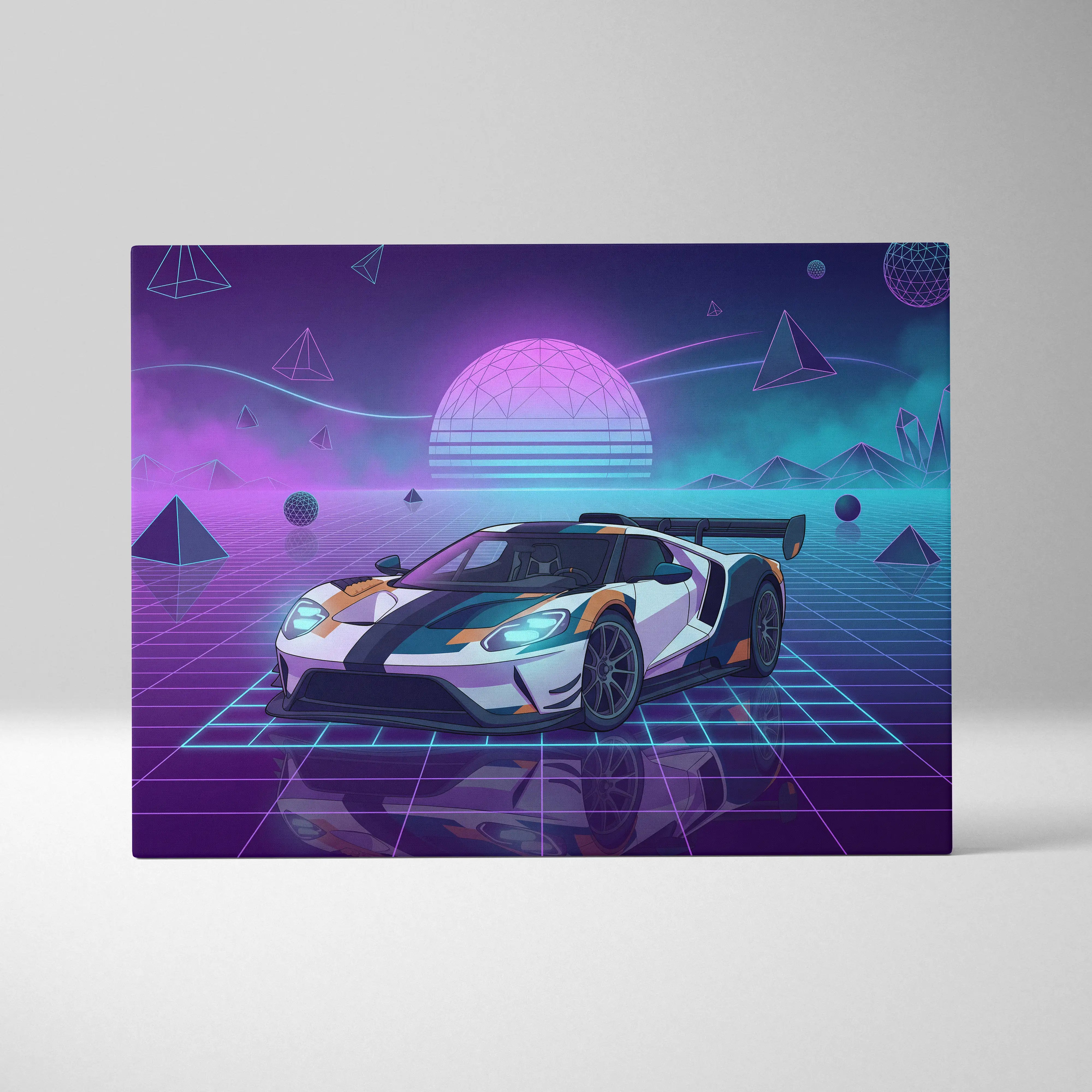 Ford GT Inspired White Orange Canvas Wall Art Vaporwave Race Car Artwork Neon Grid Garage Decor Retro Futuristic Motorsport Print