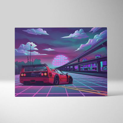 Ferrari F40 Inspired Red Purple Canvas Wall Art, Vaporwave Neon City Drive, Retro Futuristic Garage Decor, Supercar Artwork