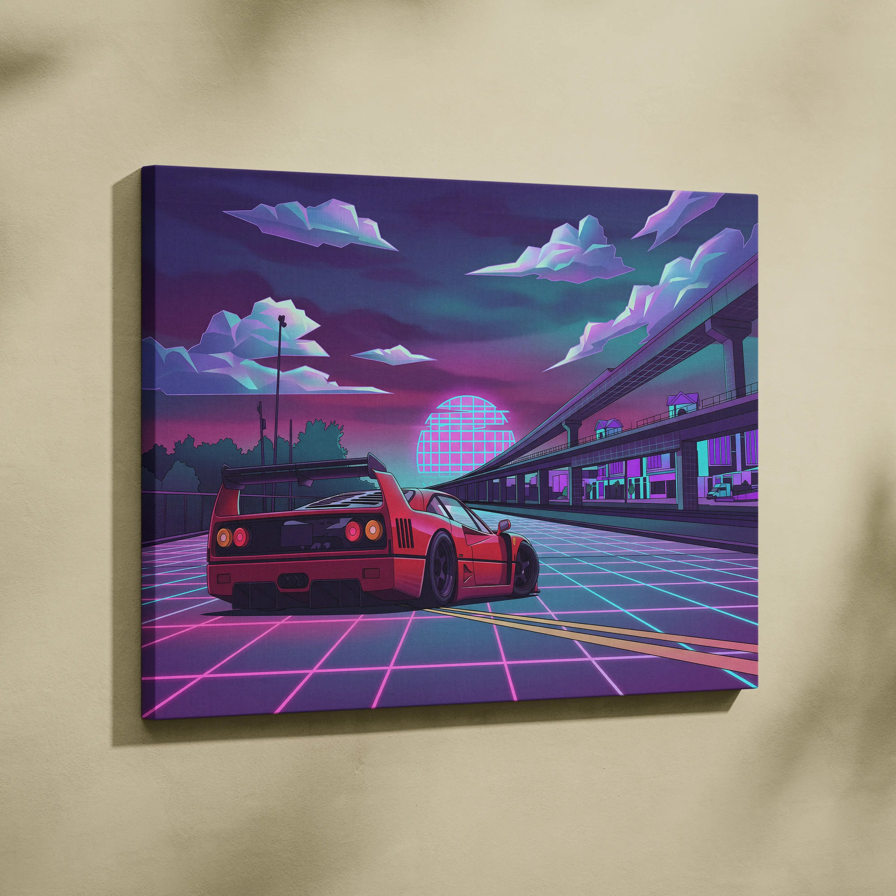 Ferrari F40 Inspired Red Purple Canvas Wall Art, Vaporwave Neon City Drive, Retro Futuristic Garage Decor, Supercar Artwork