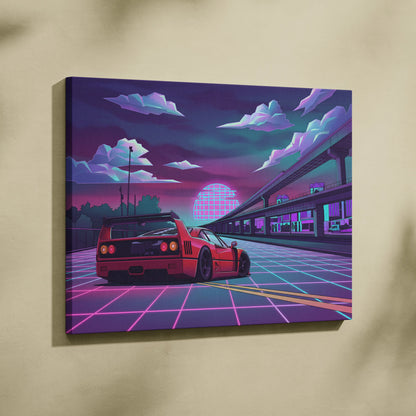 Ferrari F40 Inspired Red Purple Canvas Wall Art, Vaporwave Neon City Drive, Retro Futuristic Garage Decor, Supercar Artwork