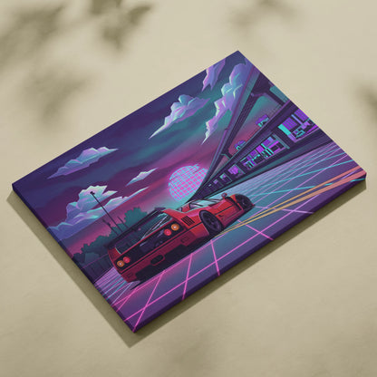 Ferrari F40 Inspired Red Purple Canvas Wall Art, Vaporwave Neon City Drive, Retro Futuristic Garage Decor, Supercar Artwork