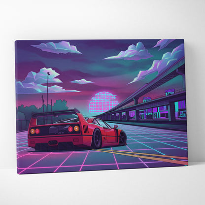 Ferrari F40 Inspired Red Purple Canvas Wall Art, Vaporwave Neon City Drive, Retro Futuristic Garage Decor, Supercar Artwork