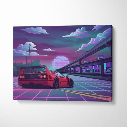 Ferrari F40 Inspired Red Purple Canvas Wall Art, Vaporwave Neon City Drive, Retro Futuristic Garage Decor, Supercar Artwork