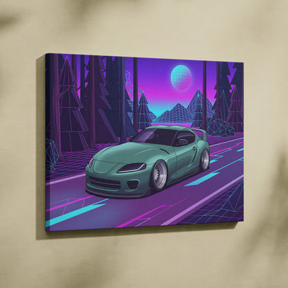 Toyota Supra MK5 Inspired Green Purple Canvas Wall Art Vaporwave Forest Road Car Artwork, Neon JDM Sports Car Garage Decor