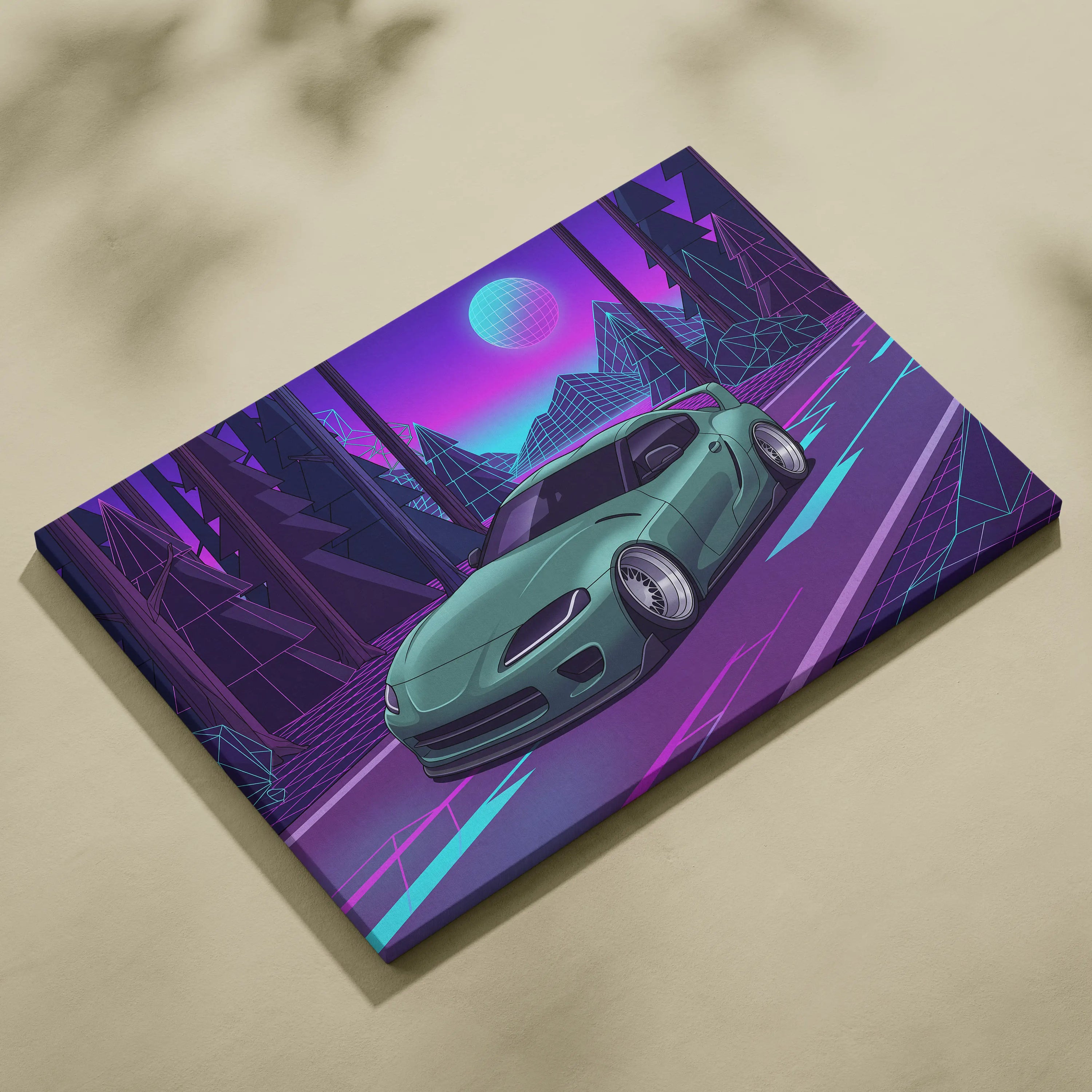 Toyota Supra MK5 Inspired Green Purple Canvas Wall Art Vaporwave Forest Road Car Artwork, Neon JDM Sports Car Garage Decor
