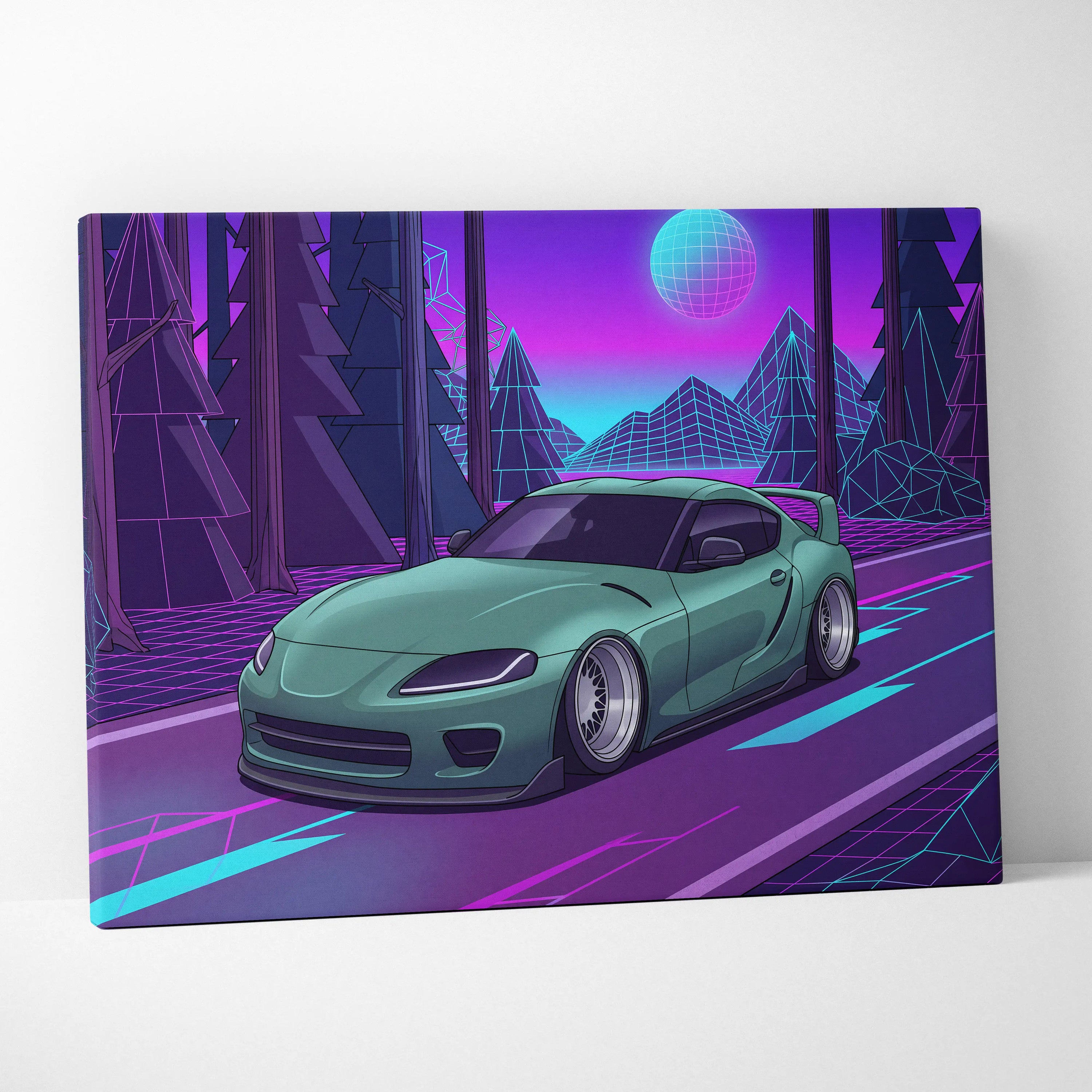 Toyota Supra MK5 Inspired Green Purple Canvas Wall Art Vaporwave Forest Road Car Artwork, Neon JDM Sports Car Garage Decor