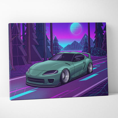Toyota Supra MK5 Inspired Green Purple Canvas Wall Art Vaporwave Forest Road Car Artwork, Neon JDM Sports Car Garage Decor