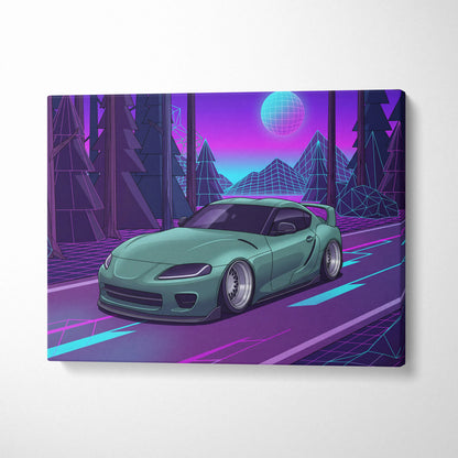 Toyota Supra MK5 Inspired Green Purple Canvas Wall Art Vaporwave Forest Road Car Artwork, Neon JDM Sports Car Garage Decor