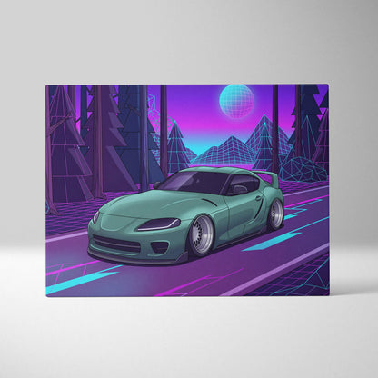 Toyota Supra MK5 Inspired Green Purple Canvas Wall Art Vaporwave Forest Road Car Artwork, Neon JDM Sports Car Garage Decor