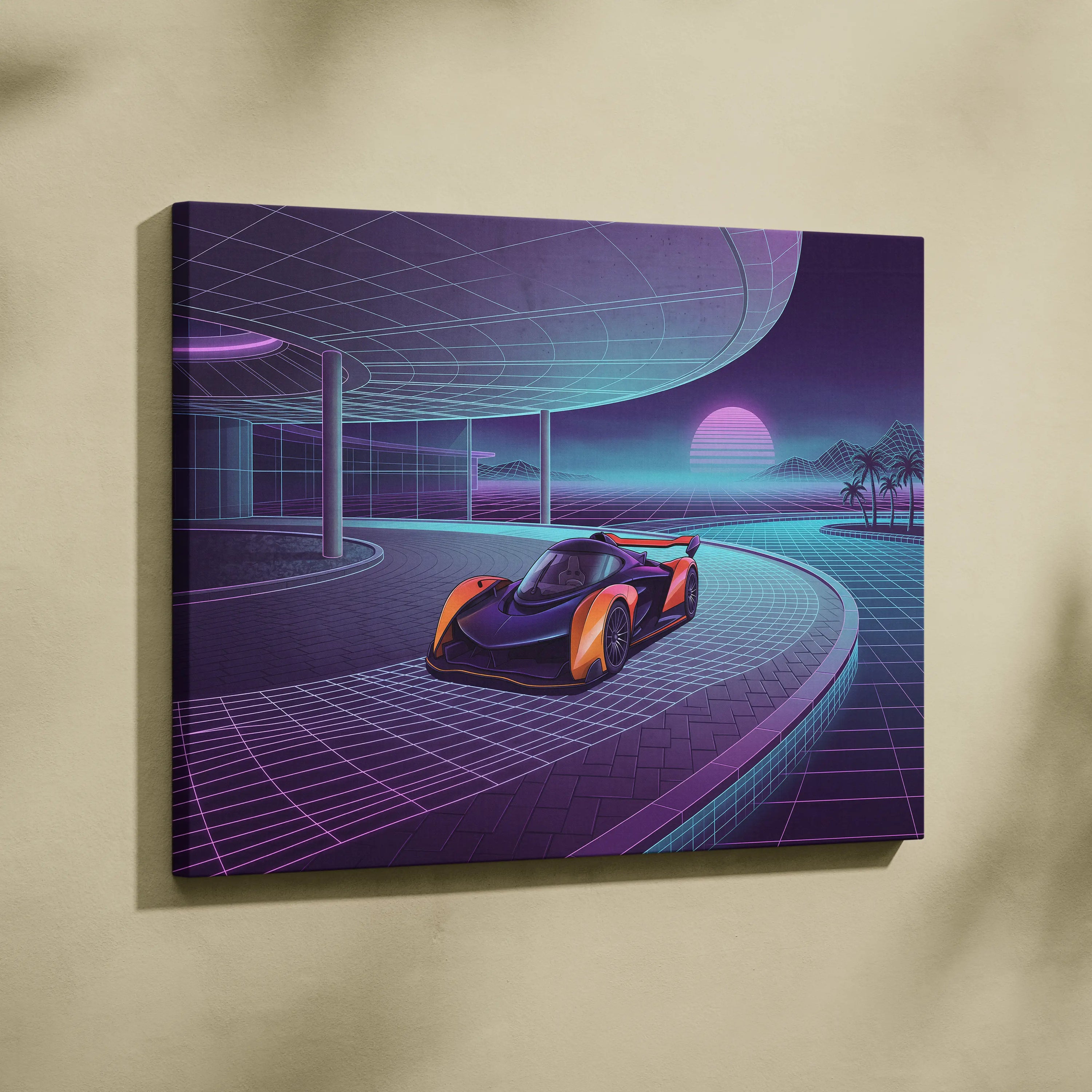 McLaren Solus GT Inspired Orange Purple Canvas Wall Art, Neon Vaporwave Hypercar Artwork for Futuristic Garage Decor