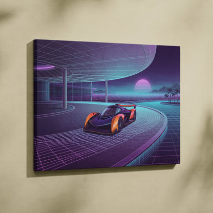 McLaren Solus GT Inspired Orange Purple Canvas Wall Art, Neon Vaporwave Hypercar Artwork for Futuristic Garage Decor
