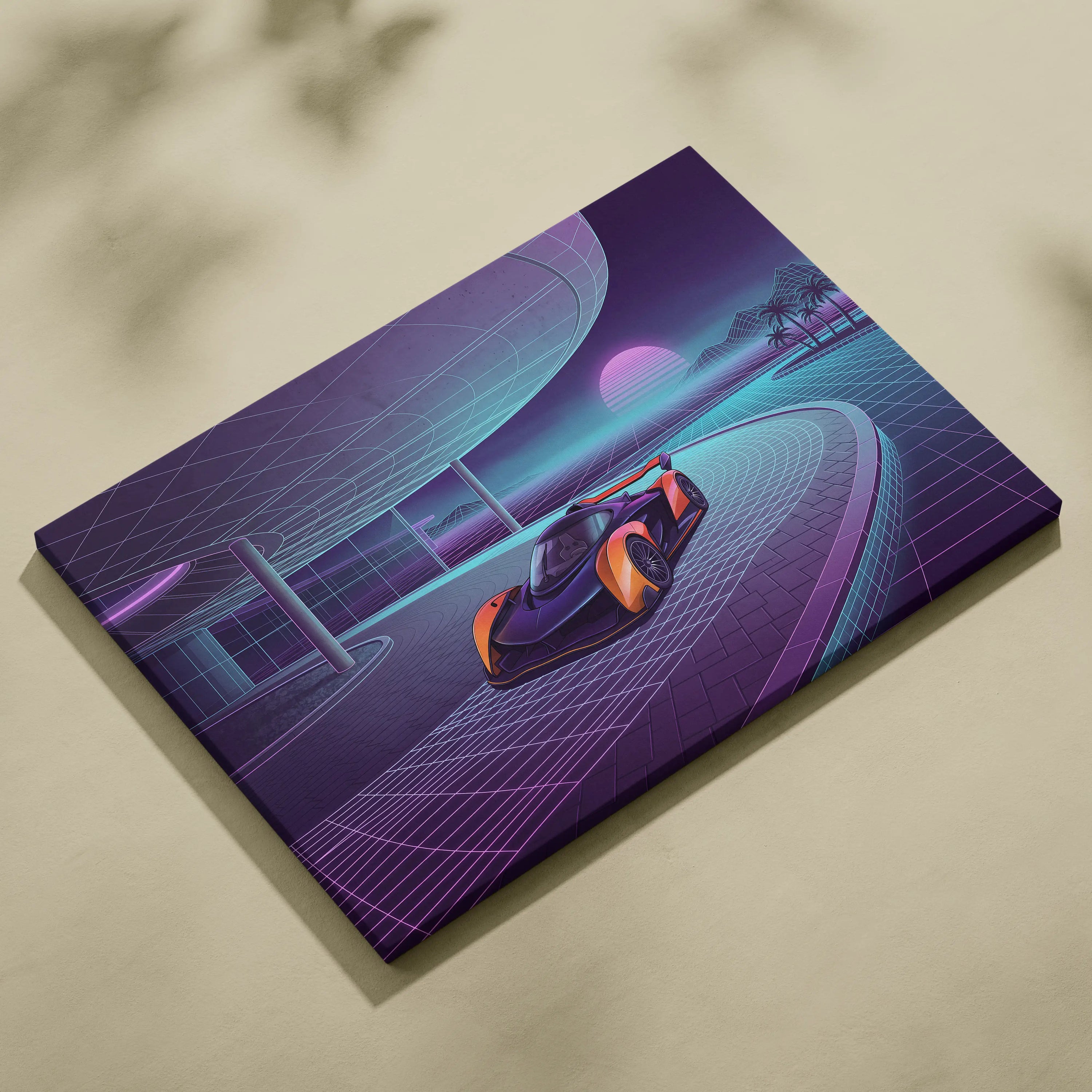 McLaren Solus GT Inspired Orange Purple Canvas Wall Art, Neon Vaporwave Hypercar Artwork for Futuristic Garage Decor