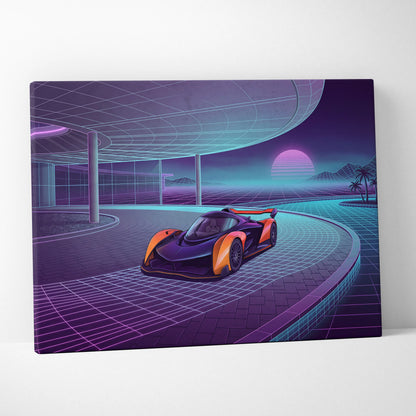 McLaren Solus GT Inspired Orange Purple Canvas Wall Art, Neon Vaporwave Hypercar Artwork for Futuristic Garage Decor