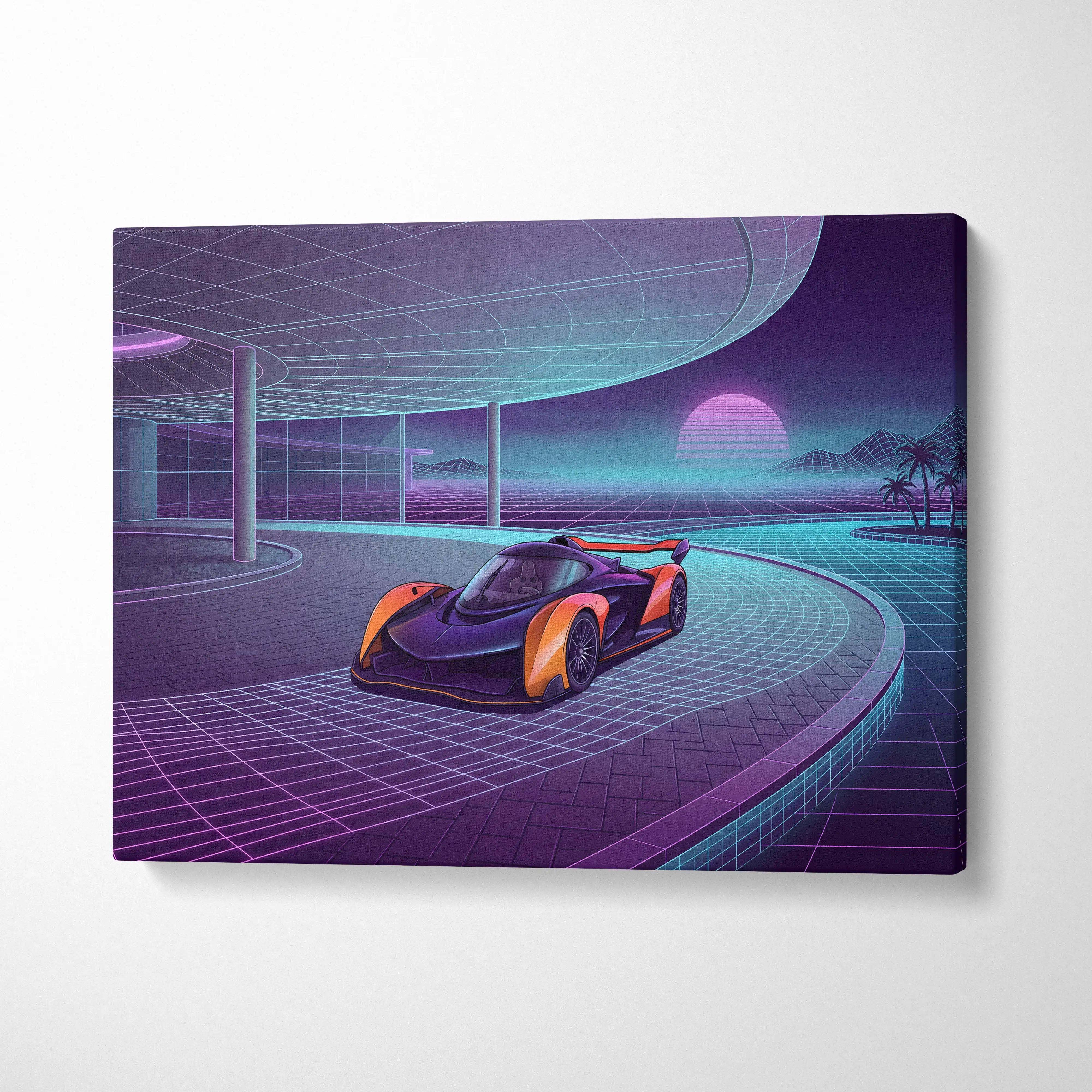 McLaren Solus GT Inspired Orange Purple Canvas Wall Art, Neon Vaporwave Hypercar Artwork for Futuristic Garage Decor