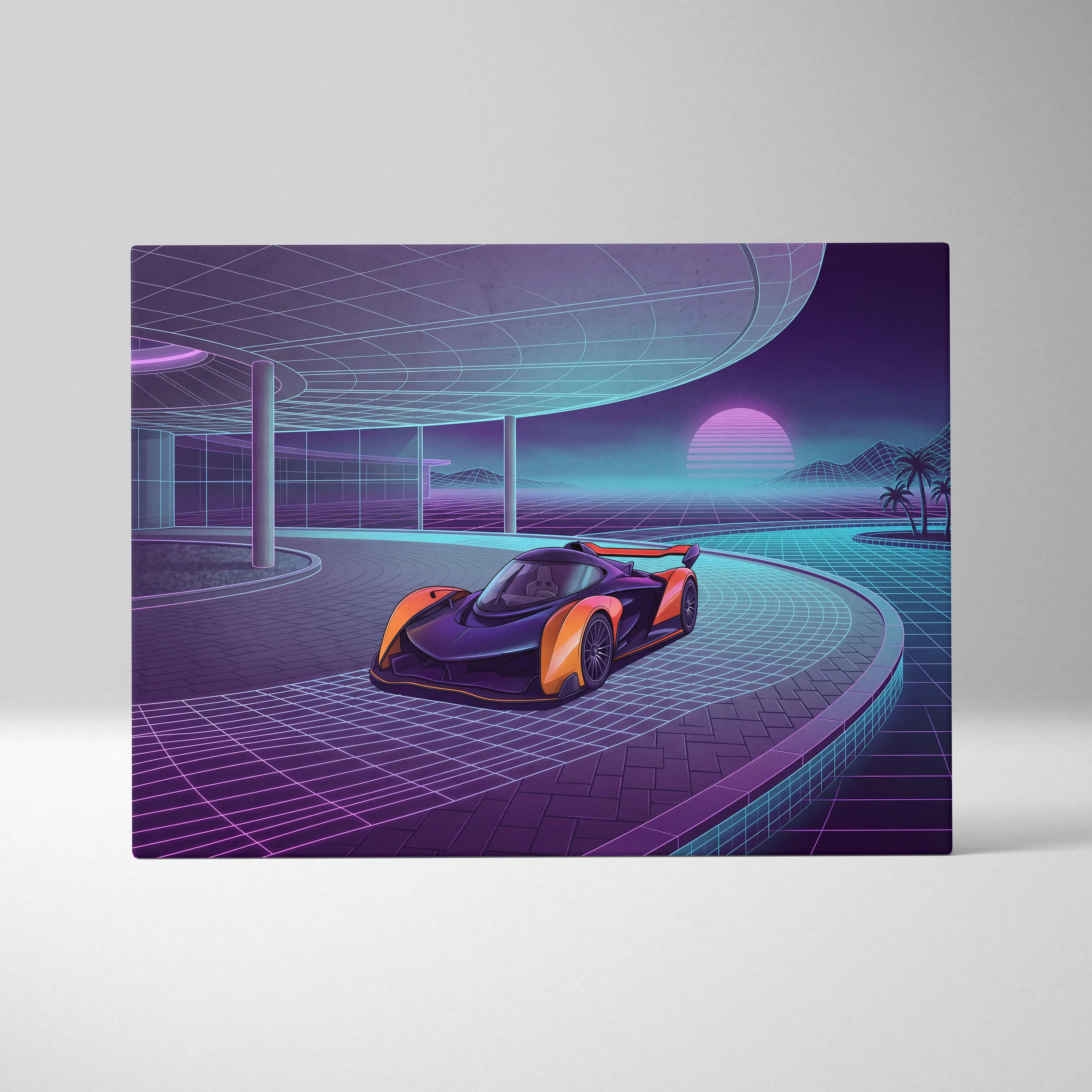 McLaren Solus GT Inspired Orange Purple Canvas Wall Art, Neon Vaporwave Hypercar Artwork for Futuristic Garage Decor