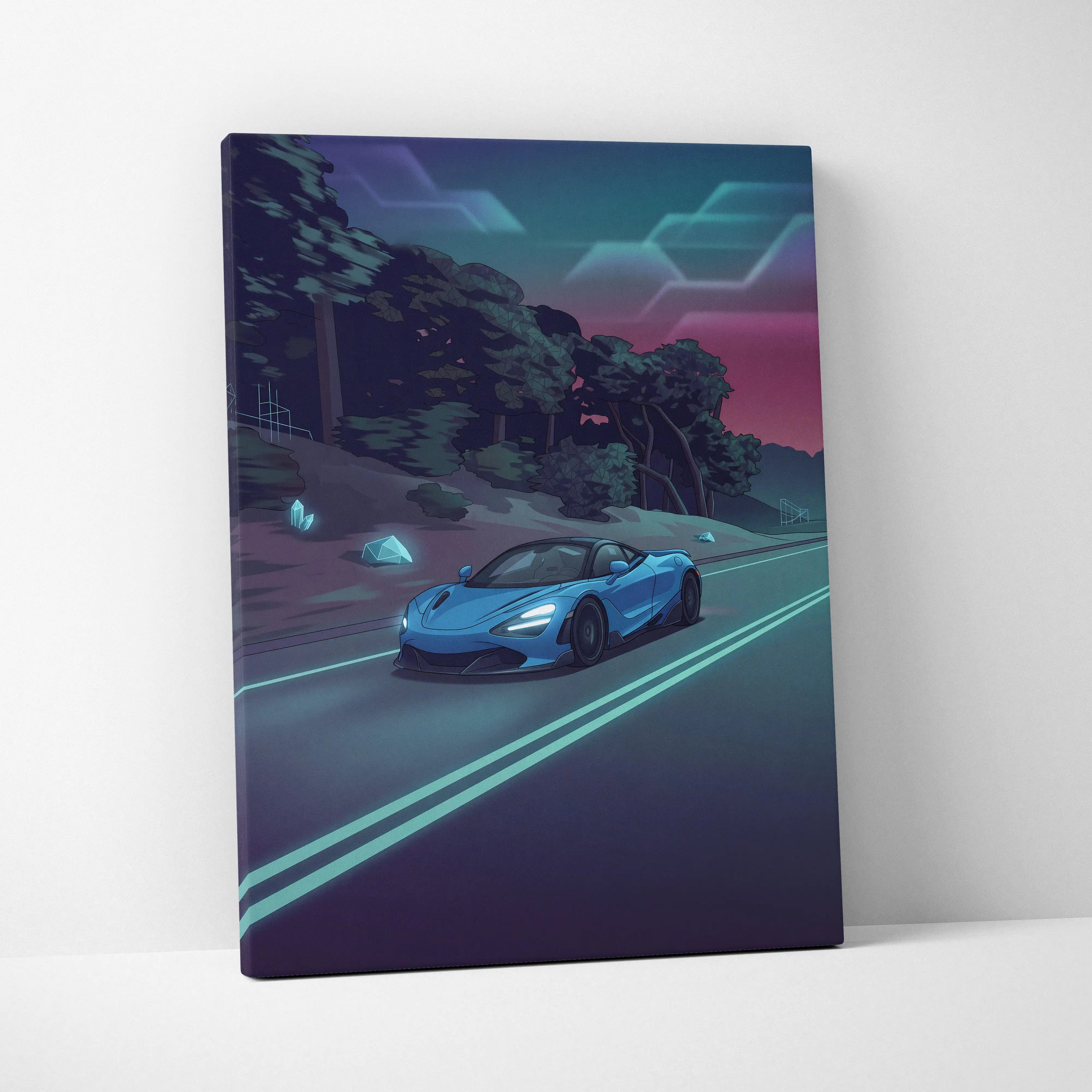 McLaren 765LT Inspired Vaporwave Car Canvas - Car Art Neon Blue Pink Wall Art Living Room Vaporwave Mood Nostalgic Glow Niche Canvas