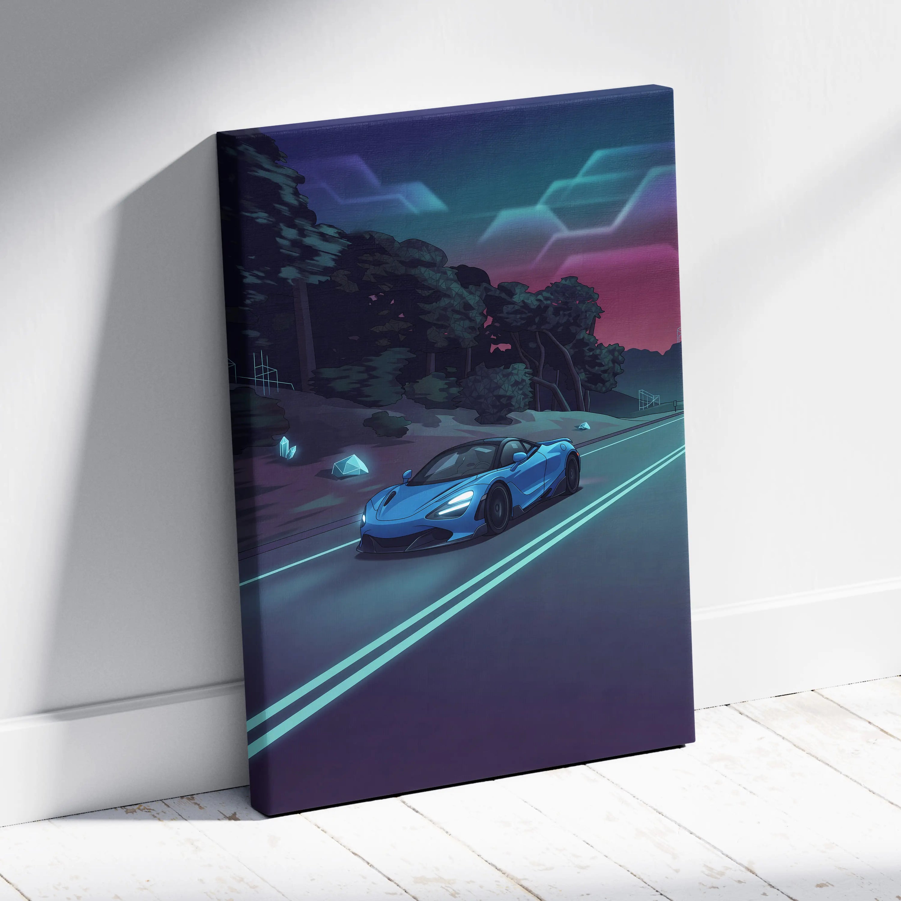 McLaren 765LT Inspired Vaporwave Car Canvas - Car Art Neon Blue Pink Wall Art Living Room Vaporwave Mood Nostalgic Glow Niche Canvas