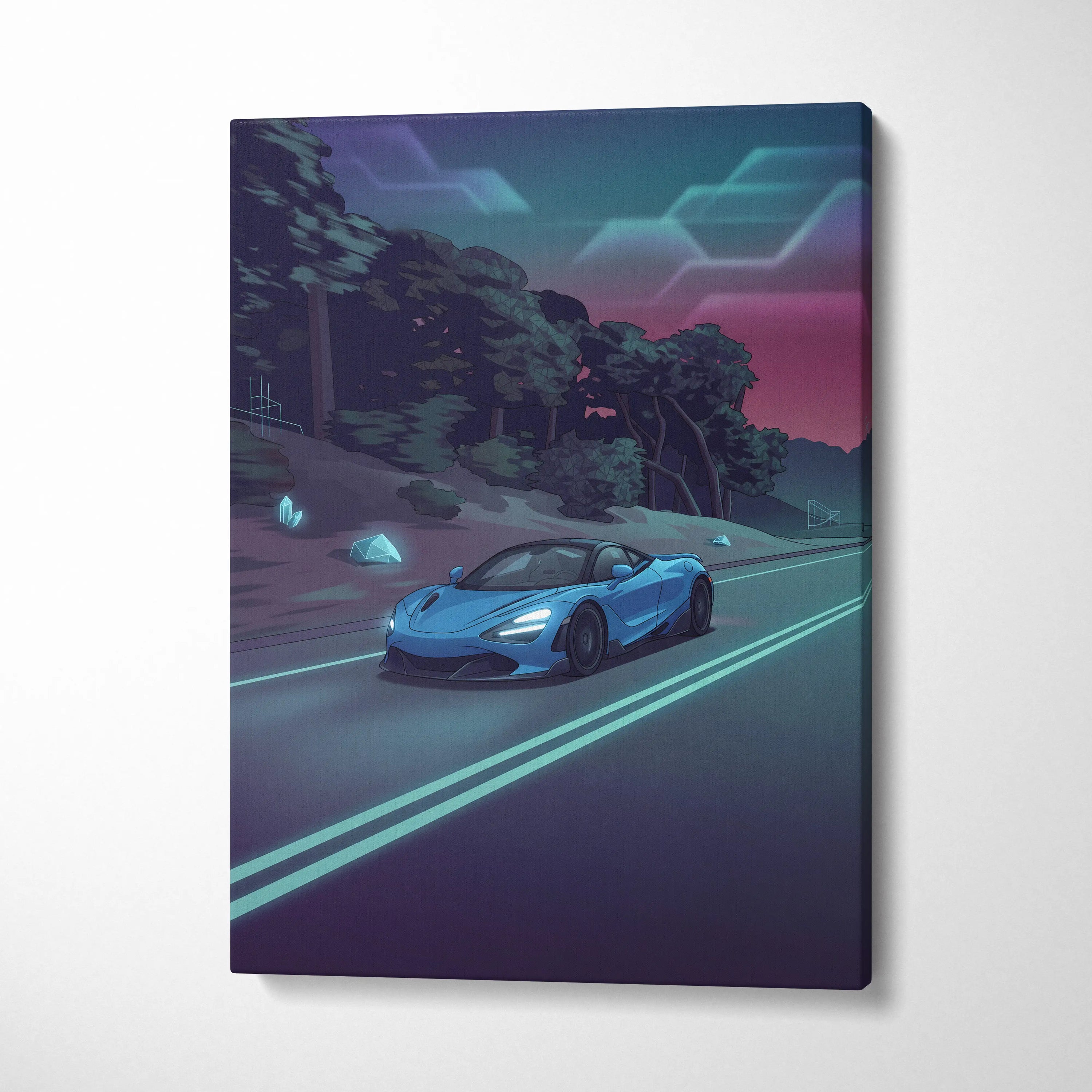 McLaren 765LT Inspired Vaporwave Car Canvas - Car Art Neon Blue Pink Wall Art Living Room Vaporwave Mood Nostalgic Glow Niche Canvas