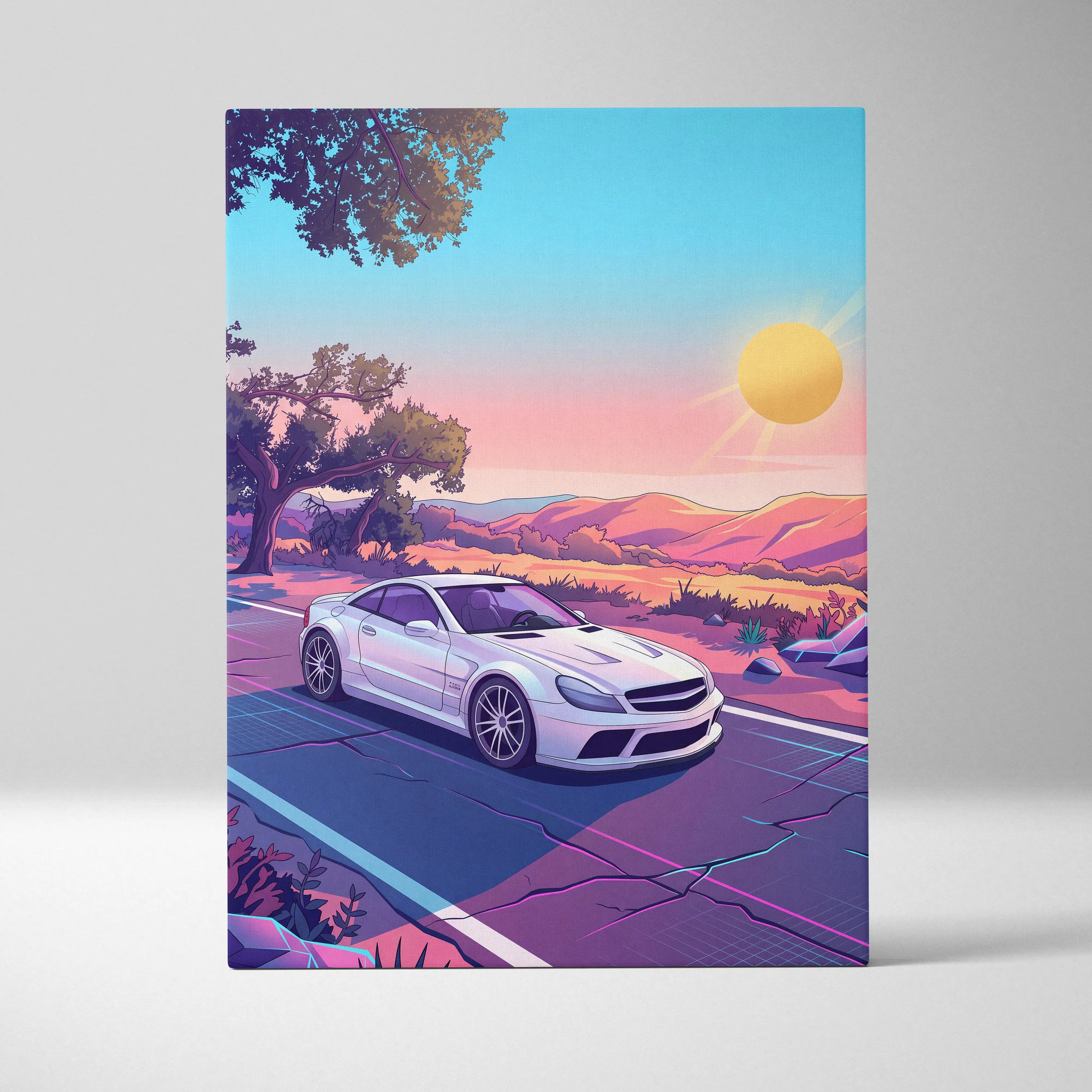 Mercedes SL65 Inspired Vaporwave Neon Car Canvas - Car Neon Pink Purple Blue Living Room Vaporwave Retro Futurism Dreamy Mood Neon Art Canvas