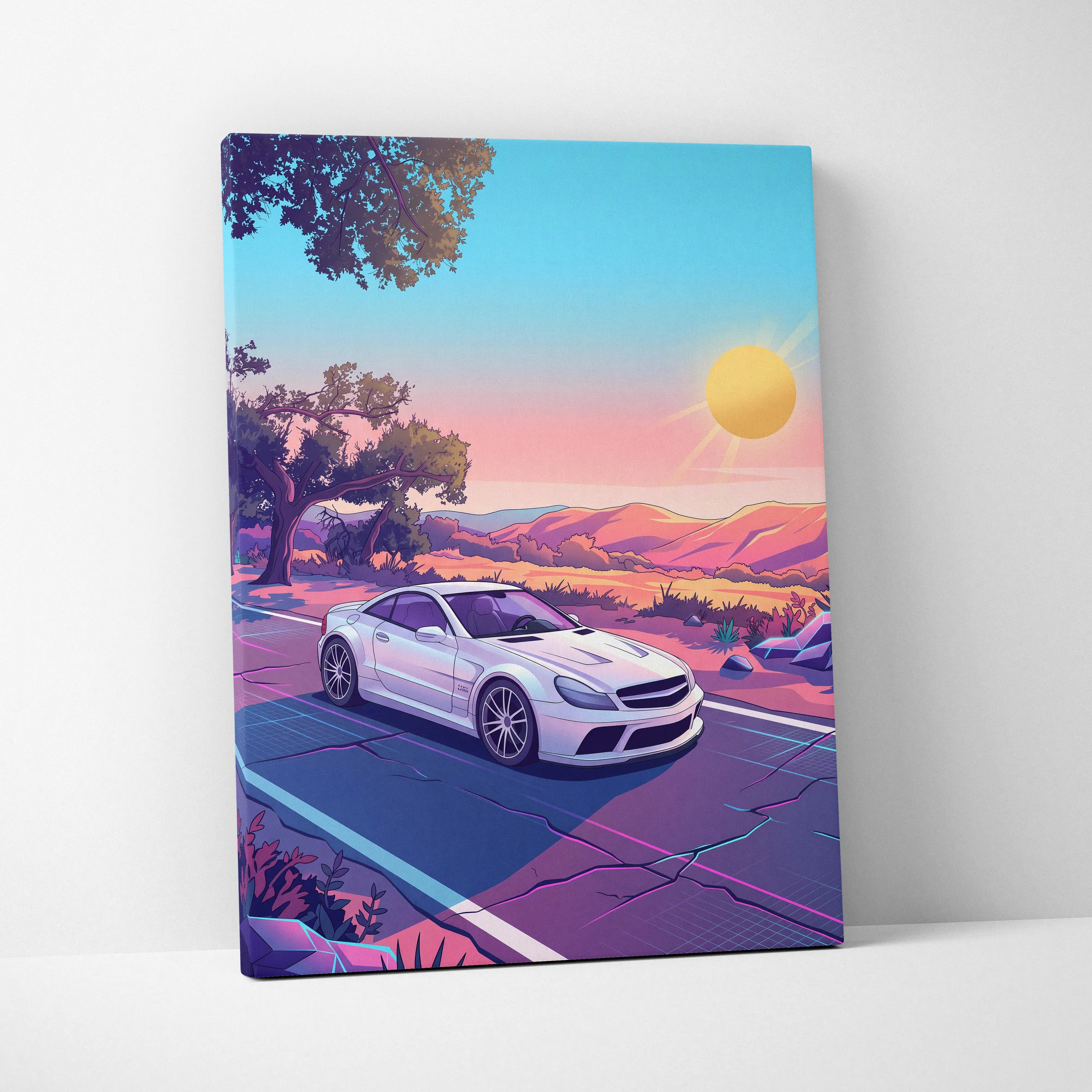 Mercedes SL65 Inspired Vaporwave Neon Car Canvas - Car Neon Pink Purple Blue Living Room Vaporwave Retro Futurism Dreamy Mood Neon Art Canvas