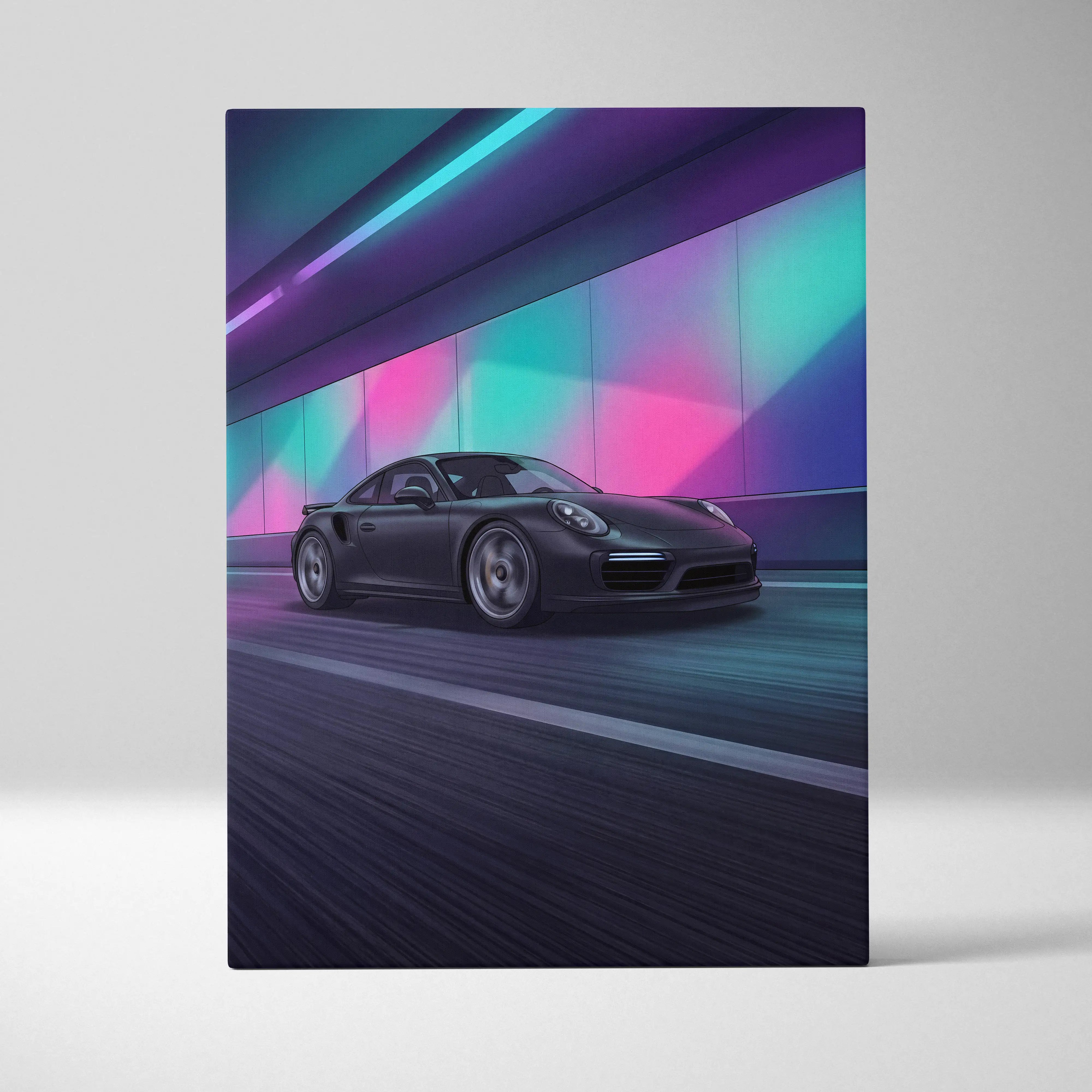 Black porsche 911 turbo inspired vaporwave canvas featuring neon pink and teal sports car in a stylized tunnel scene