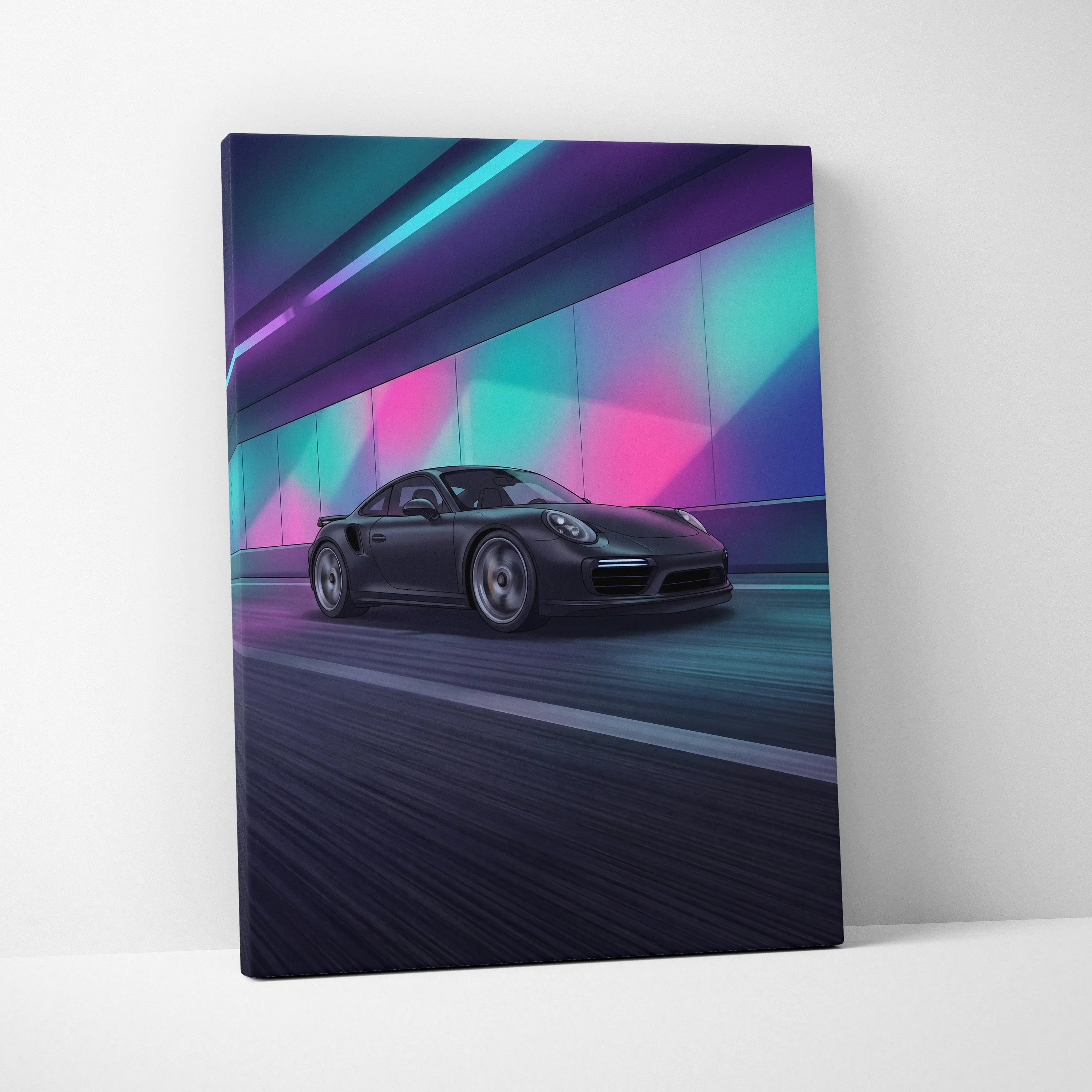 Porsche 911 Turbo Inspired Vaporwave Canvas - Vaporwave Car Canvas Neon Pink Teal Living Room Futurism Nostalgic Mood Neon Wall Art Canvas