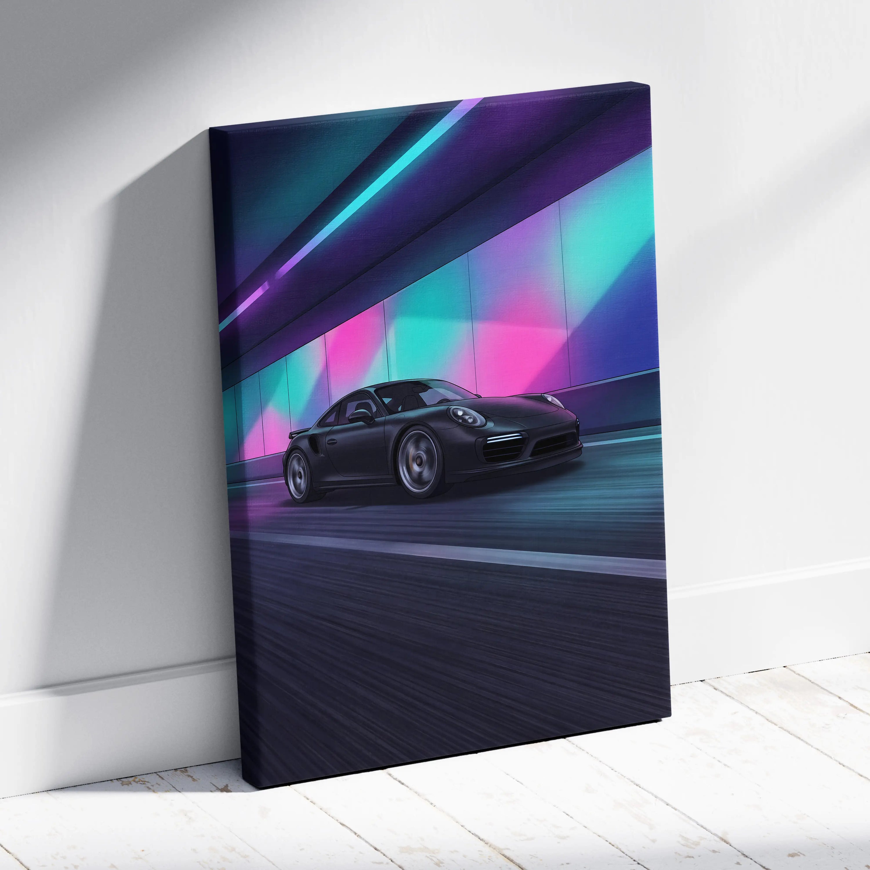 Porsche 911 Turbo Inspired Vaporwave Canvas - Vaporwave Car Canvas Neon Pink Teal Living Room Futurism Nostalgic Mood Neon Wall Art Canvas