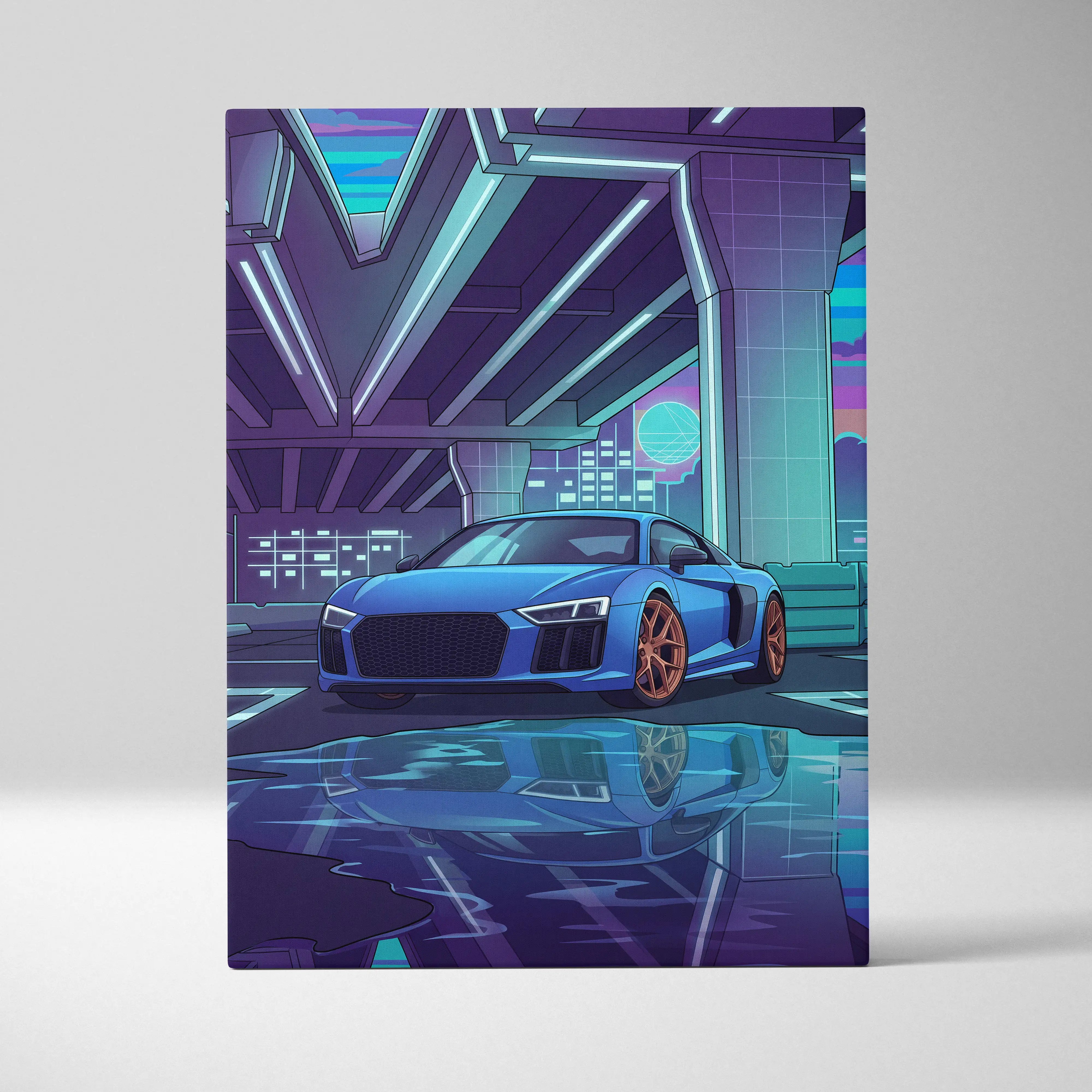 Blue audi r8 sports car with orange wheels in a neon-lit futuristic garage on vaporwave canvas wall art