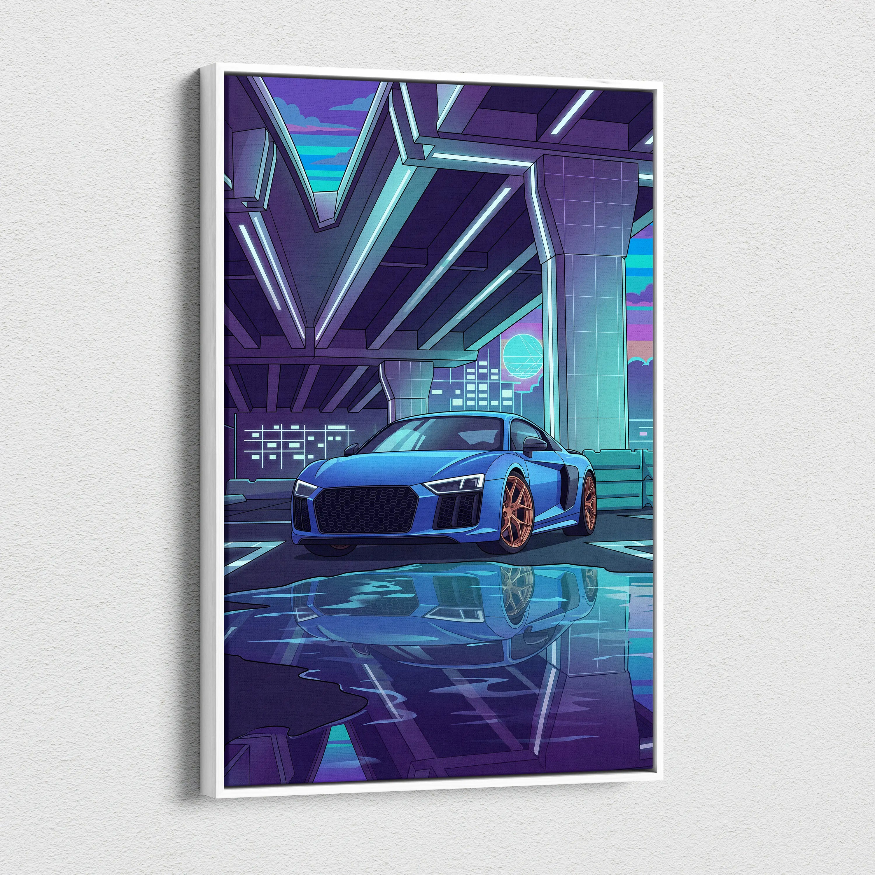 Audi R8 Inspired Vaporwave Car Canvas - Vaporwave Car, Purple Blue Neon, Living Room, Retro | Nostalgic Energy, Synthwave, Wall Art, Canvas