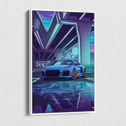 Audi R8 Inspired Vaporwave Car Canvas - Vaporwave Car, Purple Blue Neon, Living Room, Retro | Nostalgic Energy, Synthwave, Wall Art, Canvas