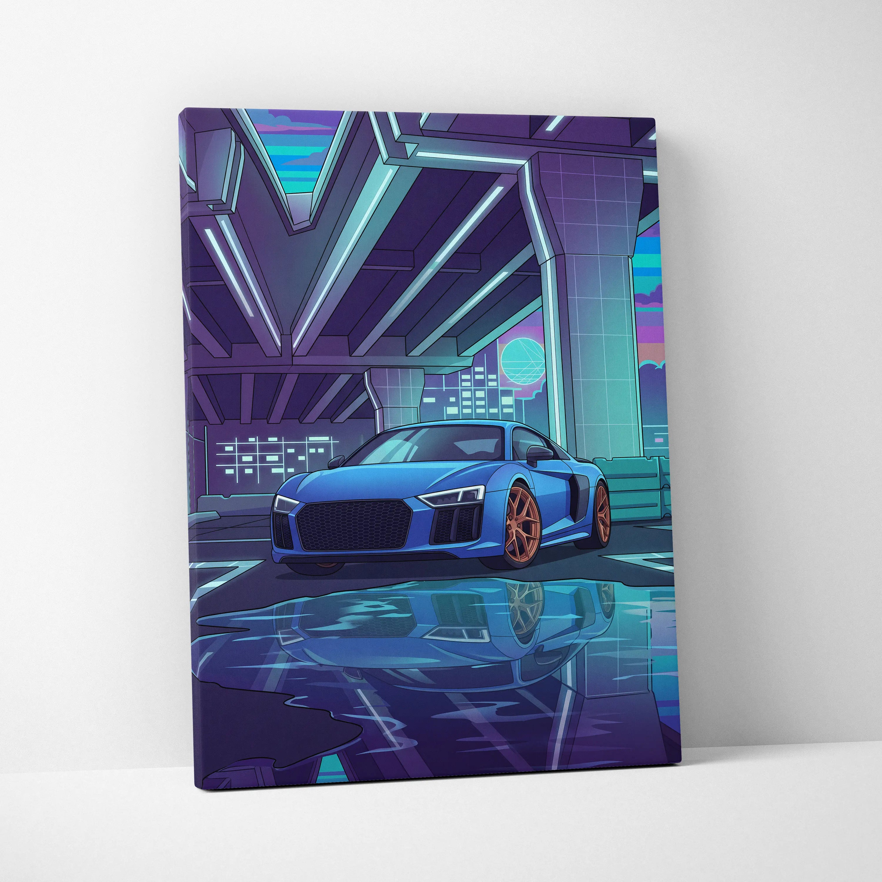 Audi R8 Inspired Vaporwave Car Canvas - Vaporwave Car, Purple Blue Neon, Living Room, Retro | Nostalgic Energy, Synthwave, Wall Art, Canvas