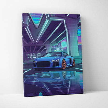 Audi R8 Inspired Vaporwave Car Canvas - Vaporwave Car, Purple Blue Neon, Living Room, Retro | Nostalgic Energy, Synthwave, Wall Art, Canvas