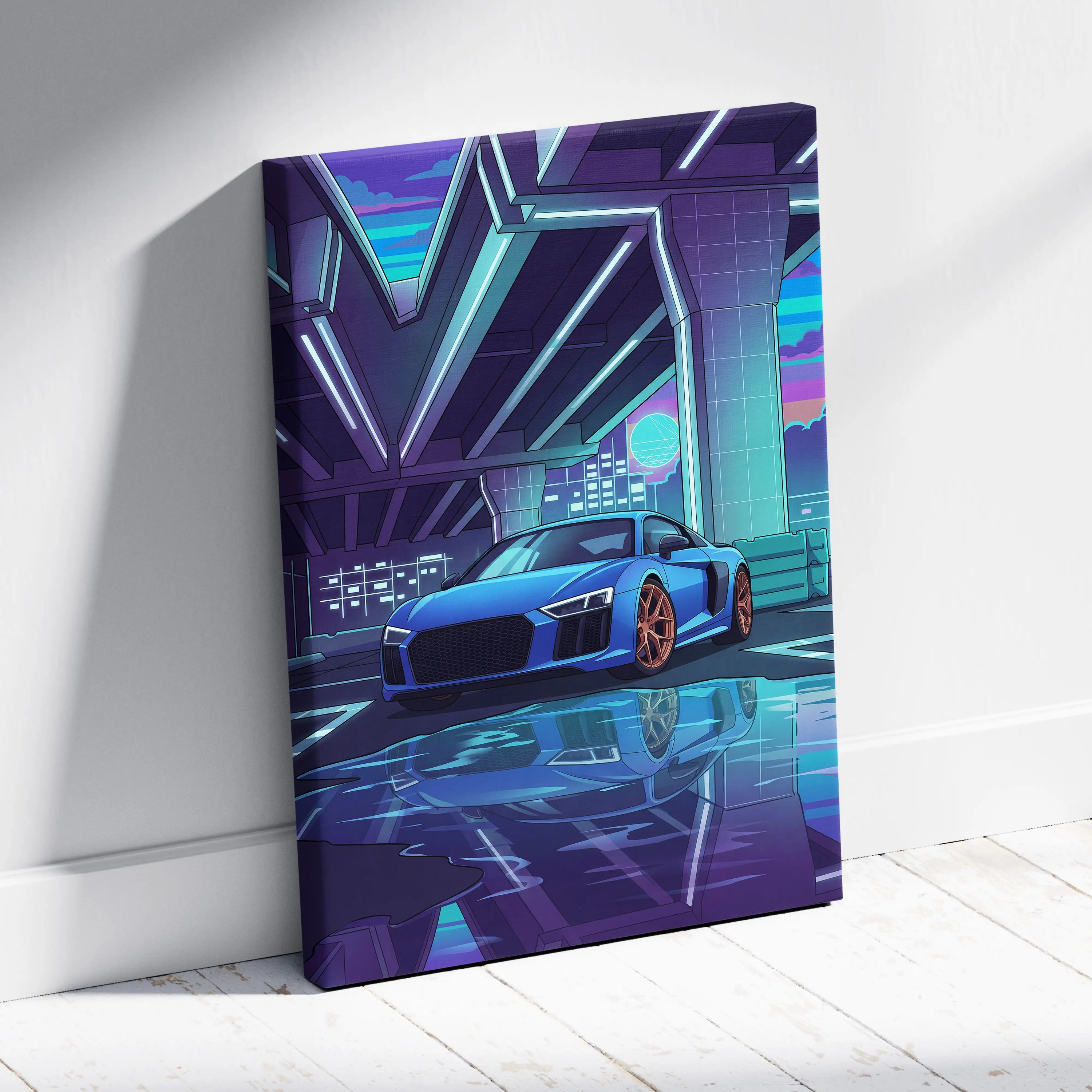 Audi R8 Inspired Vaporwave Car Canvas - Vaporwave Car, Purple Blue Neon, Living Room, Retro | Nostalgic Energy, Synthwave, Wall Art, Canvas