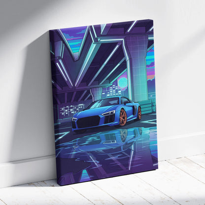 Audi R8 Inspired Vaporwave Car Canvas - Vaporwave Car, Purple Blue Neon, Living Room, Retro | Nostalgic Energy, Synthwave, Wall Art, Canvas