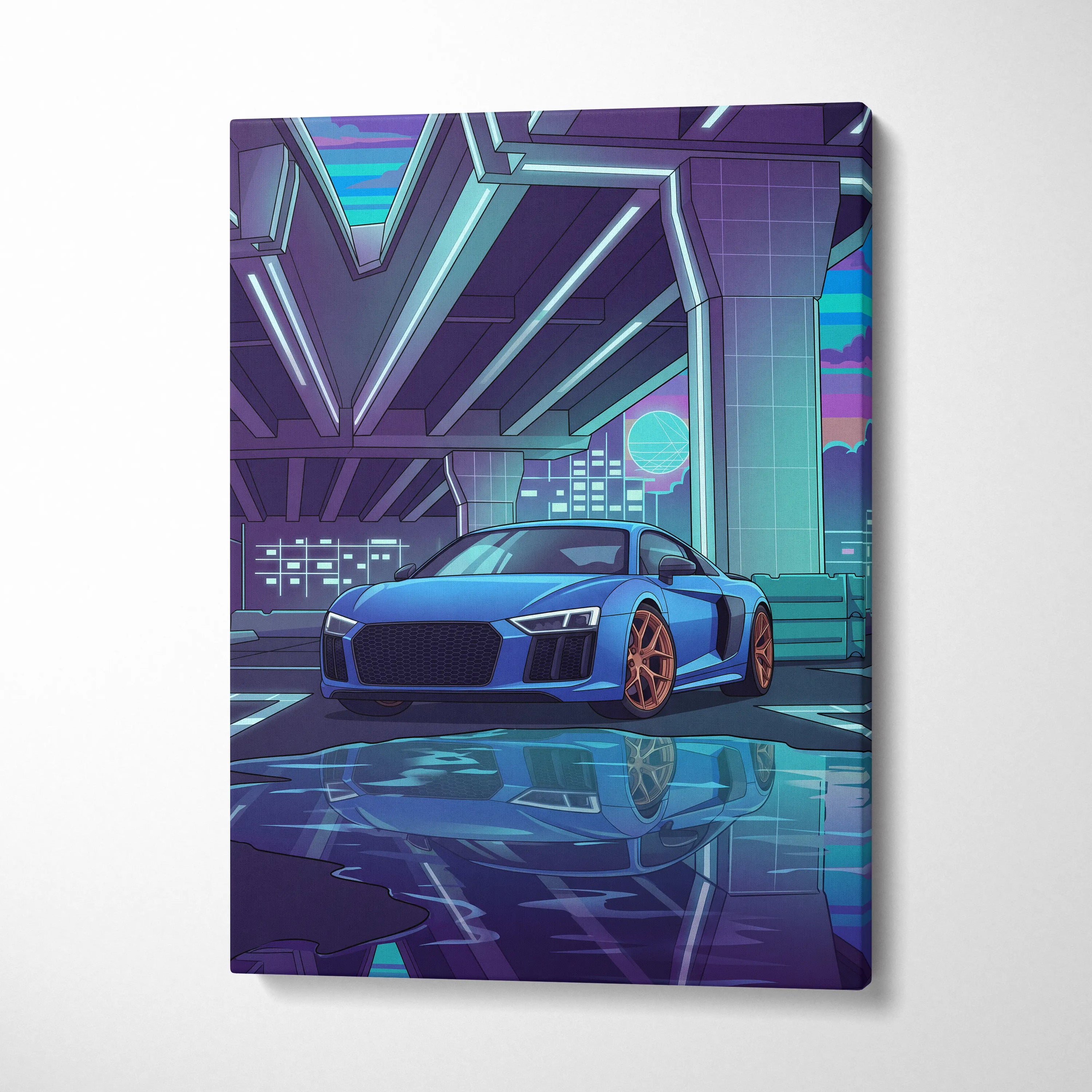 Audi R8 Inspired Vaporwave Car Canvas - Vaporwave Car, Purple Blue Neon, Living Room, Retro | Nostalgic Energy, Synthwave, Wall Art, Canvas
